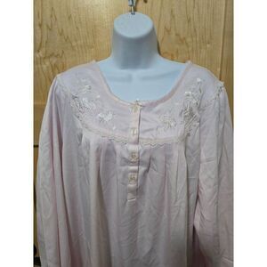 Miss Elaine Womens 1X Long Sleeve Embroidered Nightgown Pink Polyester & Cotton